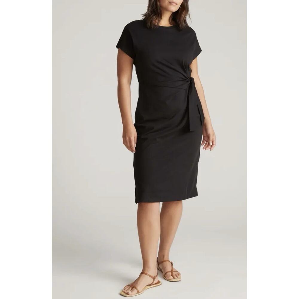 DKNY Black Stretch Cotton Knit Short Sleeve Shift Dress Side Tie Bow Size 1X NWT
